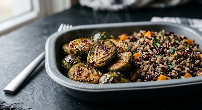 Roasted brussels sprouts and wild rice grain bowl meal in grey tray