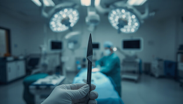 Close-up shot of a sterile steel scalpel in a modern hospital operating room