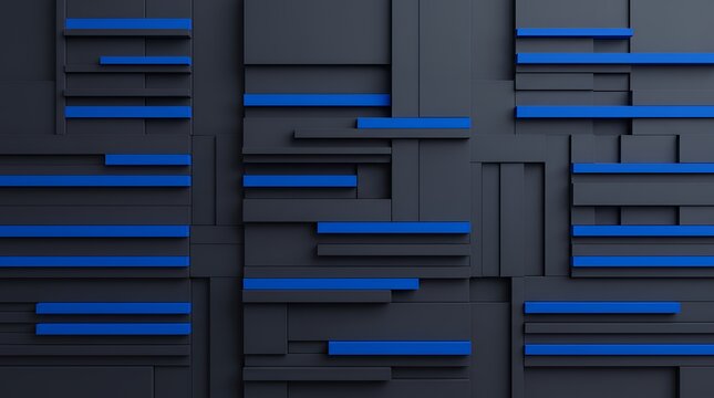 暗い幾何学ブロックと鮮烈な青ラインが調和するスタイリッシュな3D背景素材
