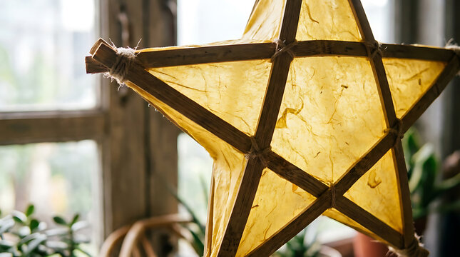 Handcrafted Yellow Star Parol Lantern Near Window