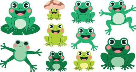 Naklejka premium Cute Cartoon Frog Vector Icon Set Featuring Friendly Green Amphibian Characters, Sitting Toad Figures, Mushroom Hats, and Jumping Lily Pad Elements for Children Nursery Designs