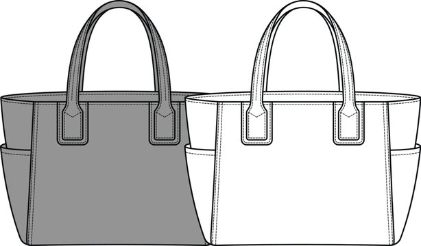 Women's classic tote bag with side pockets technical fashion flat sketch vector template