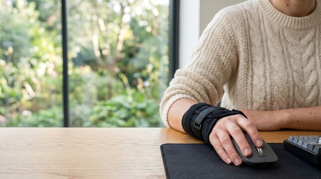 Woman wearing wrist brace using computer mouse at desk