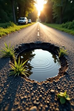 Serene Sunset Over a Small Puddle Formed in a Road Pothole with Lush Green Vegetation