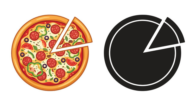 Pepperoni pizza with a slice removed and its black silhouette illustration