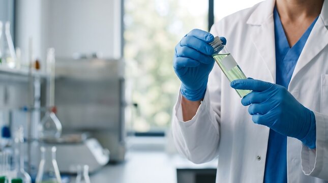 Scientist examining green liquid specimen in professional lab