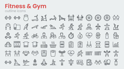Obraz premium Fitness and Gym Icon Set with Workout Equipment, Exercise Poses, Bodybuilding Gear and Health Symbols in Line Art Vector