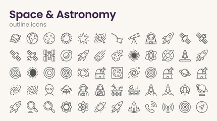 Space and Astronomy Line Art Icon Set with Planets, Rockets, Satellites, Astronauts, and Telescopes in Minimalist Vector Style © Contributor
