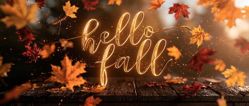 Warm Hello Fall Greeting with Glowing Text and Falling Autumn Maple Leaves on Rustic Wood