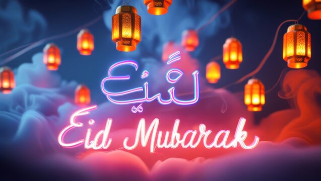 Glowing neon Eid Mubarak typography greeting card photo with illuminated hanging Ramadan lanterns and dreamy colorful smoke clouds background for Islamic festival celebration holiday