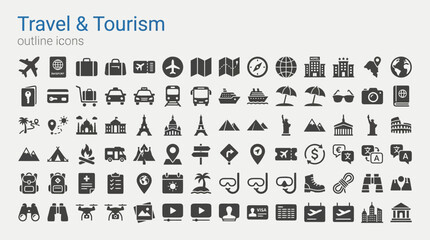 Obraz premium Grid of Minimalist Monochromatic Travel and Tourism Vector Icons for Navigation, Holiday, and Vacation UI Design
