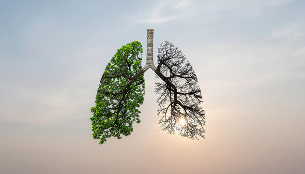 Conceptual human lungs formed by vibrant green and dead trees