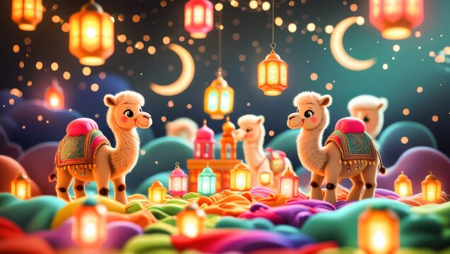 Cute cartoon baby camels wearing festive saddles standing among glowing colorful lanterns and crescent moons in fantasy night wonderland 3d ramadan eid celebration backdrop