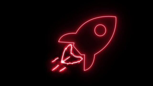 A rocket outlined in red glowing neon lights on a solid black background.