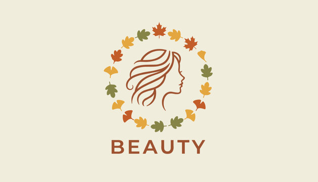 Minimalist beauty logo showcasing a woman profile outline surrounded by a colorful circular wreath of autumn leaves.