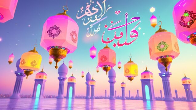 Pastel colored grand mosque courtyard with hanging illuminated ramadan lanterns and floating arabic calligraphy text against clear twilight sky whimsical eid mubarak festive holiday celebration
