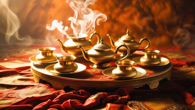 Vintage golden arabic tea set with rising steam cloud effect and shiny antique metal teapots on elegant tray luxury authentic moroccan beverage lifestyle warm background decorative traditional 