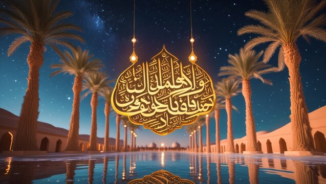 Symmetrical Grand Islamic Palace Courtyard With Calm Reflective Water Canal Lined By Palm Trees Under Starry Night Sky Featuring Suspended 3D Golden Arabic Calligraphy Medallion