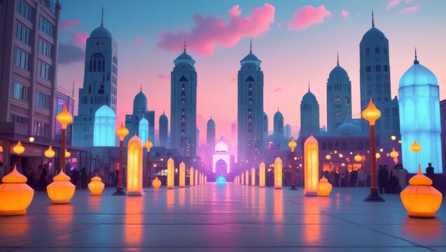 Modern Futuristic Arabian City Avenue At Sunset Flanked By Glowing Yellow Lantern Towers Futuristic Skyscraper Architecture And Glowing Purple Archway In The Distance