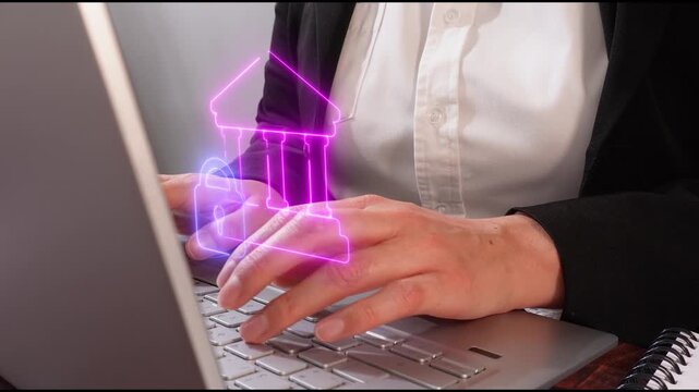 Account security. Close-up of a professional woman's hands using a computer, showing a virtual bank icon with a padlock.