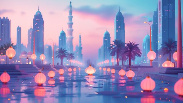Futuristic Cyberpunk Modern Middle Eastern Metropolis Cityscape At Dawn With Glowing Pink Sphere Lanterns Floating Over Wet Reflective Street Palm Trees And Towering Skyscrapers