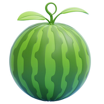 Stylized green striped watermelon fruit 3D render isolated on white background with looped stem and leaves for summer design projects