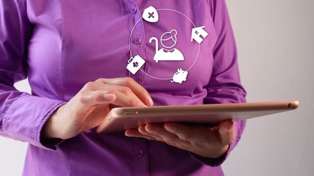 Close-up of a businesswoman interacting with her tablet, featuring an animation showing financial and health planning for seniors.