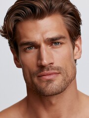 Naklejka premium Close-up portrait of a handsome, confident man with light brown hair and blue eyes, showcasing male grooming and natural beauty