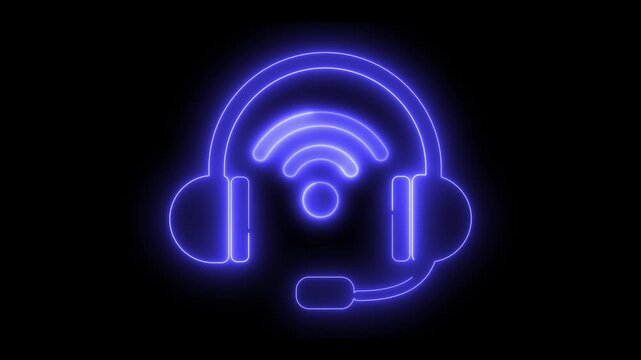 Blue glowing headset icon with Wi-Fi symbol on dark background