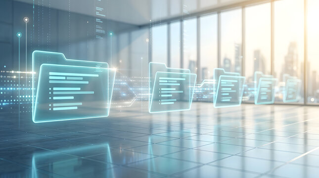 Digital document management with futuristic holographic folders displayed in a modern office with city view