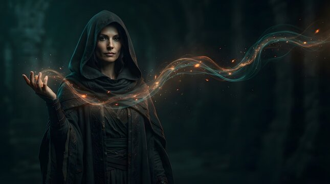 Mysterious sorceress in a hooded cloak casting glowing magical energy in a dark forest