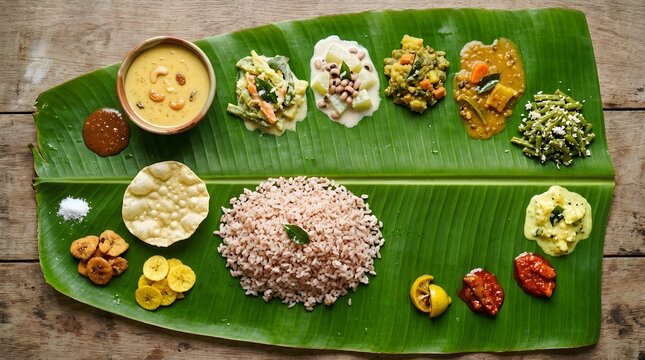Traditional South Indian Sadya feast served on a fresh green banana leaf on wooden table.