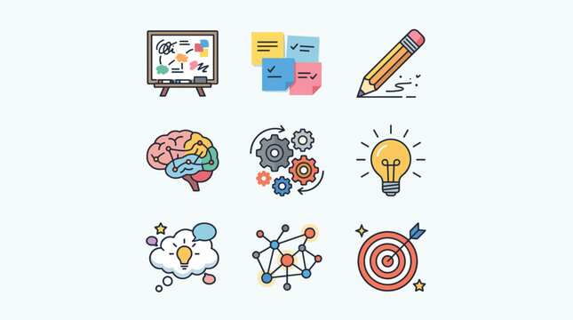 Creative process icons: whiteboard, sticky notes, pencil, brain, gears, lightbulb, idea cloud, network, target