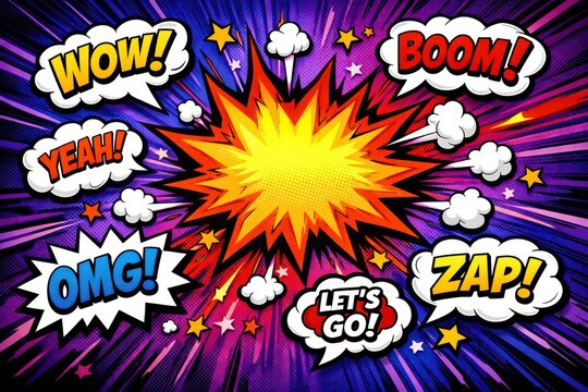 Pop art comic speech bubbles. Colorful explosion burst background, cartoon action words