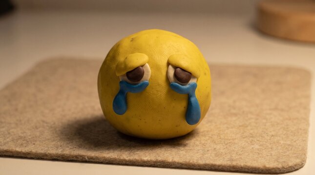 Handmade Plasticine Clay Crying Emoji Figure with Blue Teardrops on Felt Mat