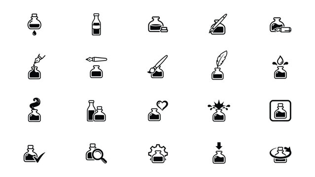 Collection of various laboratory and writing ink bottle icons with tools