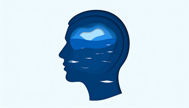 Minimalist Paper Cut Style Silhouette of Male Head with Blue Sea and Sky Layers