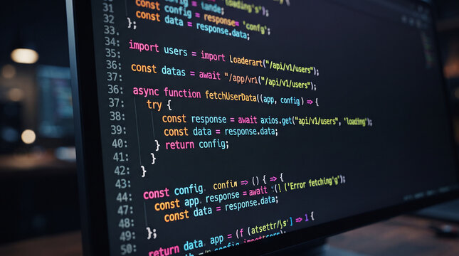 Close up of computer code on dark screen display during software development process
