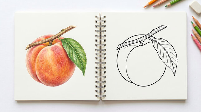 Peach on Branch Pencil Color Drawing and Line Art Outline in Spiral Notebook