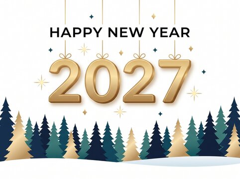 Happy New Year 2027 Greeting Card with Golden Hanging Numbers and Winter Pine Tree Forest Background