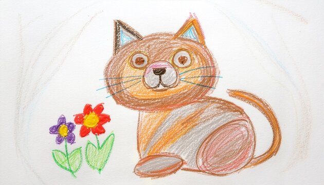 Detailed kid made crayon drawing of a playful domestic cat sitting beside flowers, colorful wax crayon strokes.