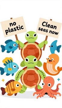 Adorable Marine Friends Promote Ocean Conservation on White Background
