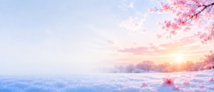 雪景色と桜が彩る冬から春への季節の変化を表現した背景