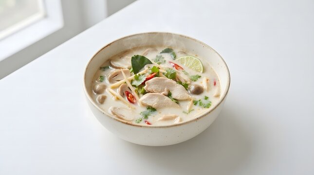 Bowl of creamy Tom Kha Gai Thai coconut chicken soup with mushrooms and herbs