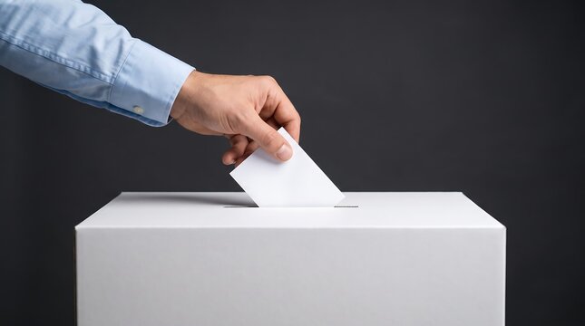 Hand in blue shirt sleeve inserting white ballot paper into secure voting box during democratic election process on dark background