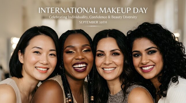 Diverse group of four smiling women with professional makeup looking at camera