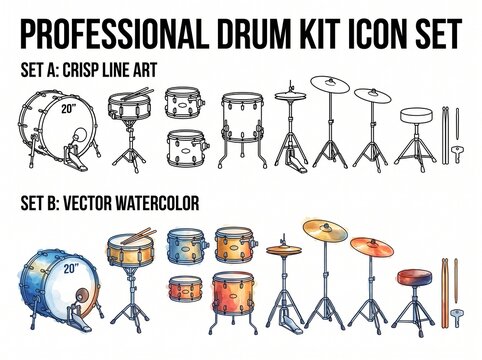 A complete vector icon set representing a professional drum kit. Includes bass drum snare toms and cymbals in both crisp line art for music schools or band brandin, vector watercolor style 