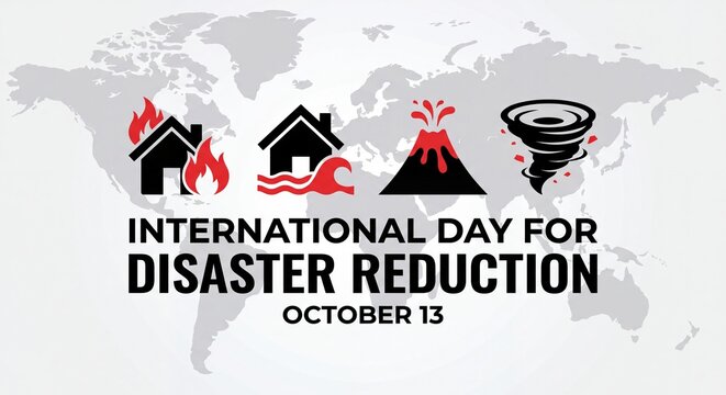 Educational poster celebrating International Day for Disaster Reduction on October 13 featuring minimalist global disaster risk icons.