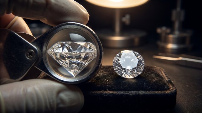Jeweler inspecting loose diamond under magnification lens to determine clarity and quality grade on black velvet jeweler display pad
