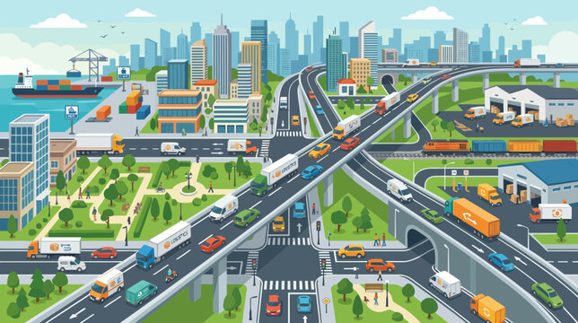 Bustling Cityscape with Traffic, Highways, and Port